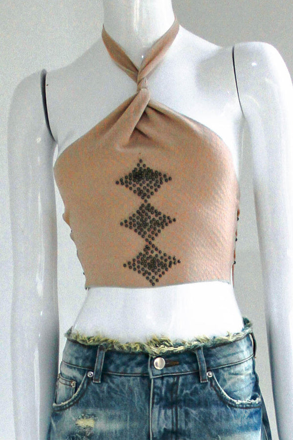 RUI Jacquard Beaded Halter Strap RSS23KN15 Frost&blush Cream Blue & Blush